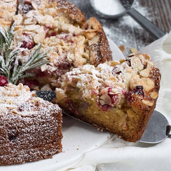 festive cranberry almond coffee cake sliced