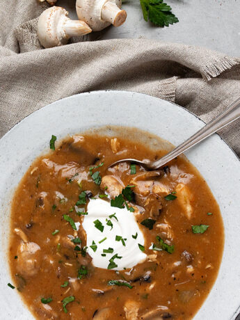 Hungarian mushroom soup in bowl with spoon