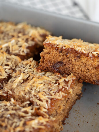 Queen Elizabeth Cake sliced in baking pan