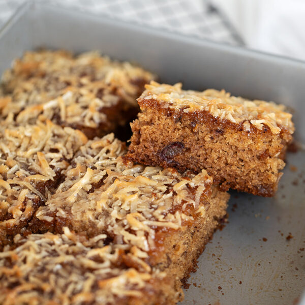 Queen Elizabeth Cake sliced in baking pan