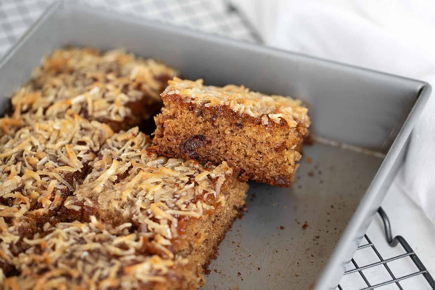 Queen Elizabeth Cake sliced in baking pan