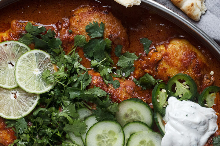 butter chicken thighs in serving dish