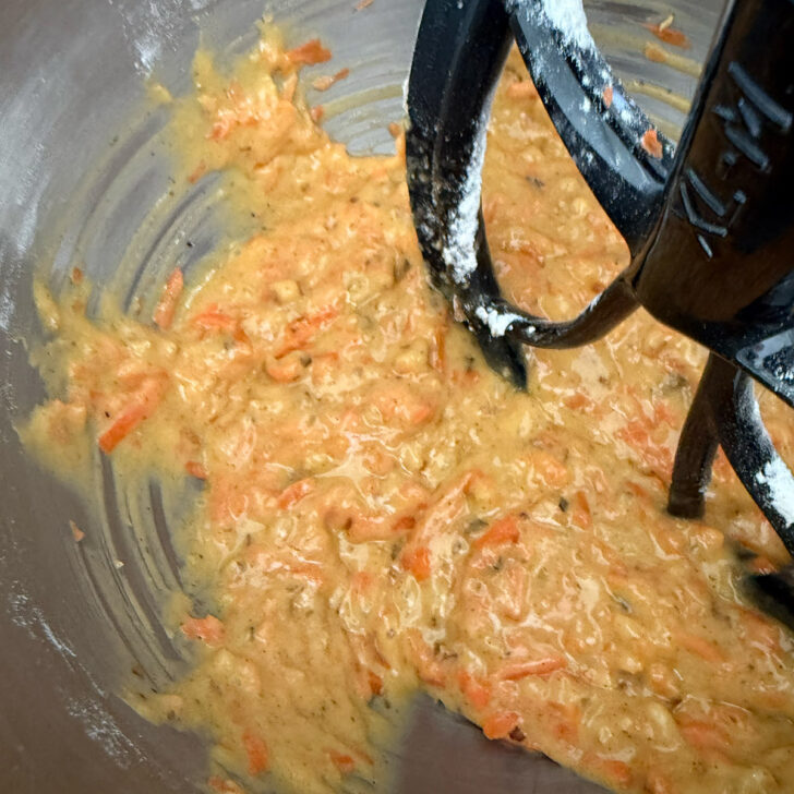 Finished carrot cake loaf batter in the mixing bowl.