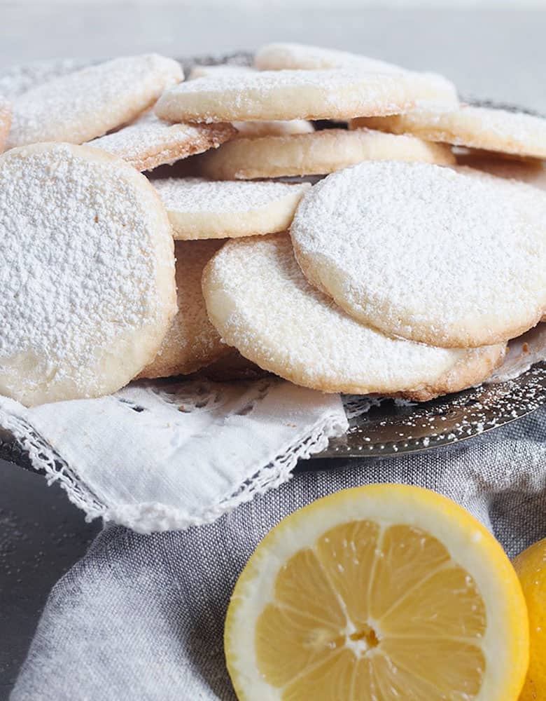 lemon meltaways stacked on tray