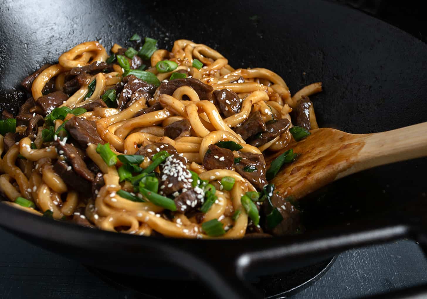 Mongolian Beef Udon in cast iron wok