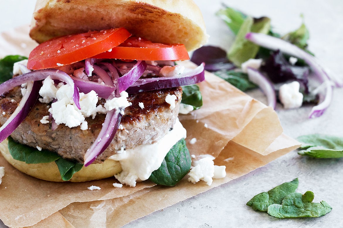 pork souvlaki burger on paper