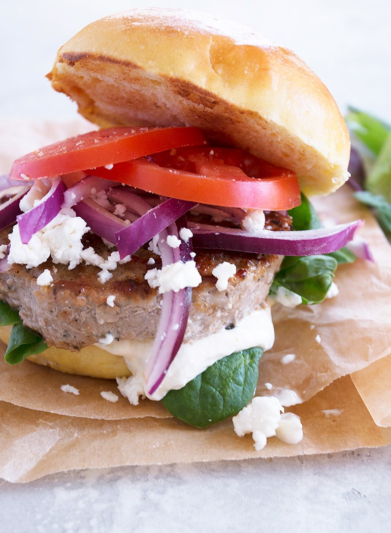 Pork Souvlaki Burgers with Feta and Tzatziki Seasons and Suppers