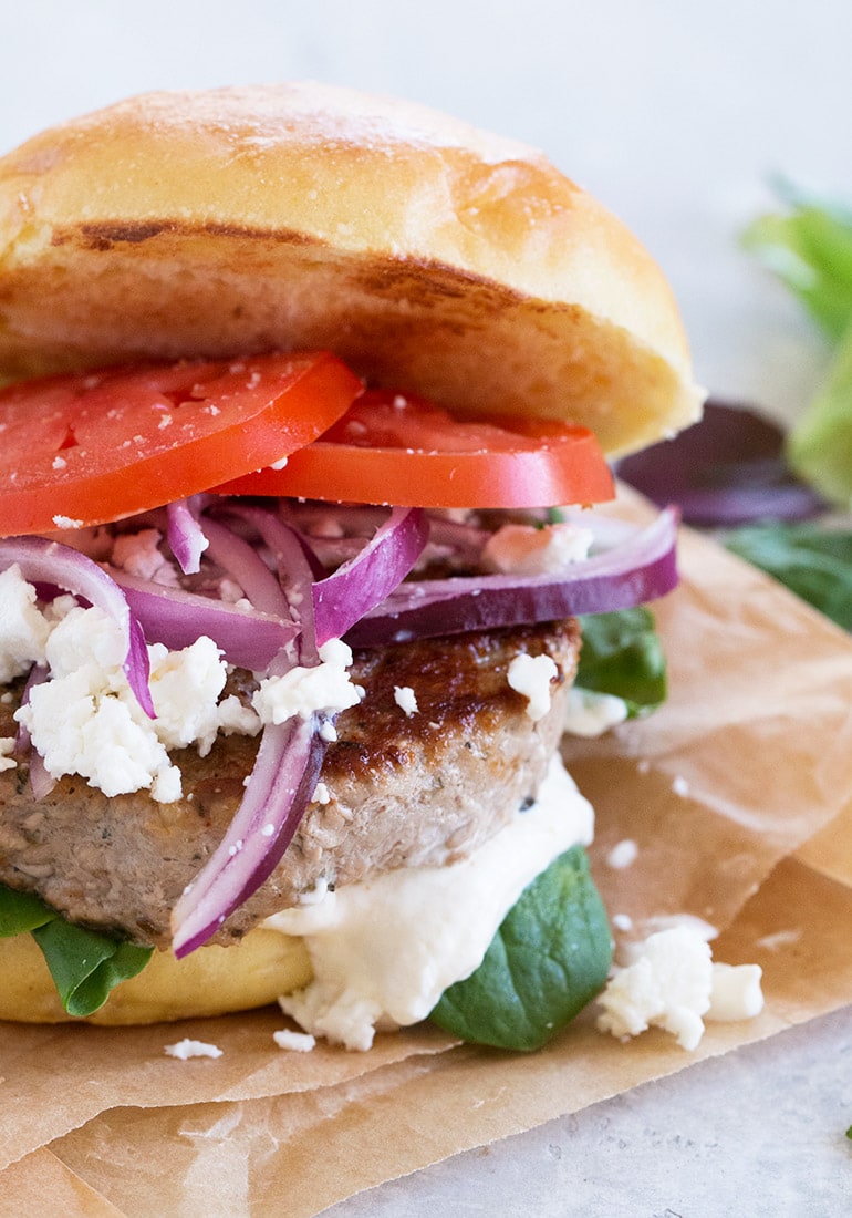 pork souvlaki burger on paper