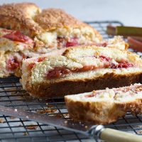 rhubarb biscuit jelly roll, sliced on cooling rack