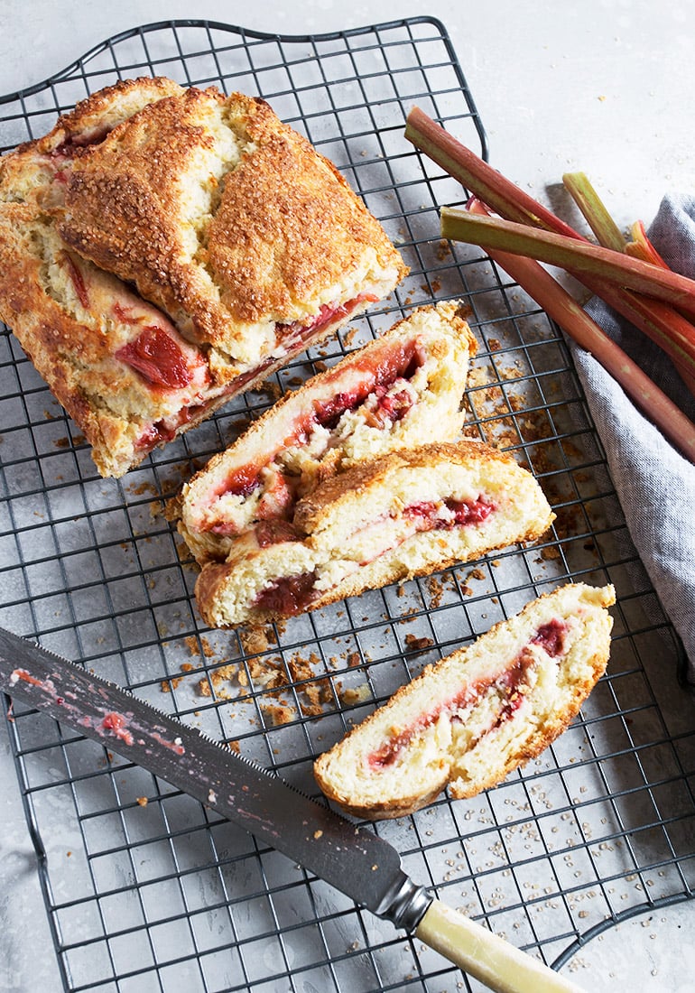 rhubarb biscuit jelly roll on cooling rack