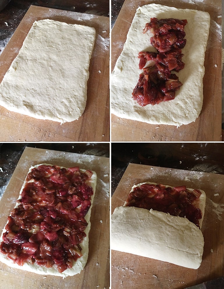 making rhubarb biscuit jelly roll