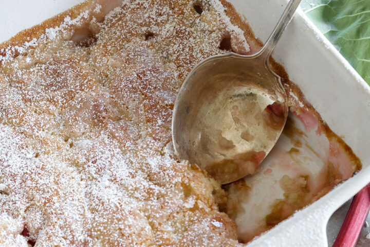rhubarb pudding cake in baking dish with spoon