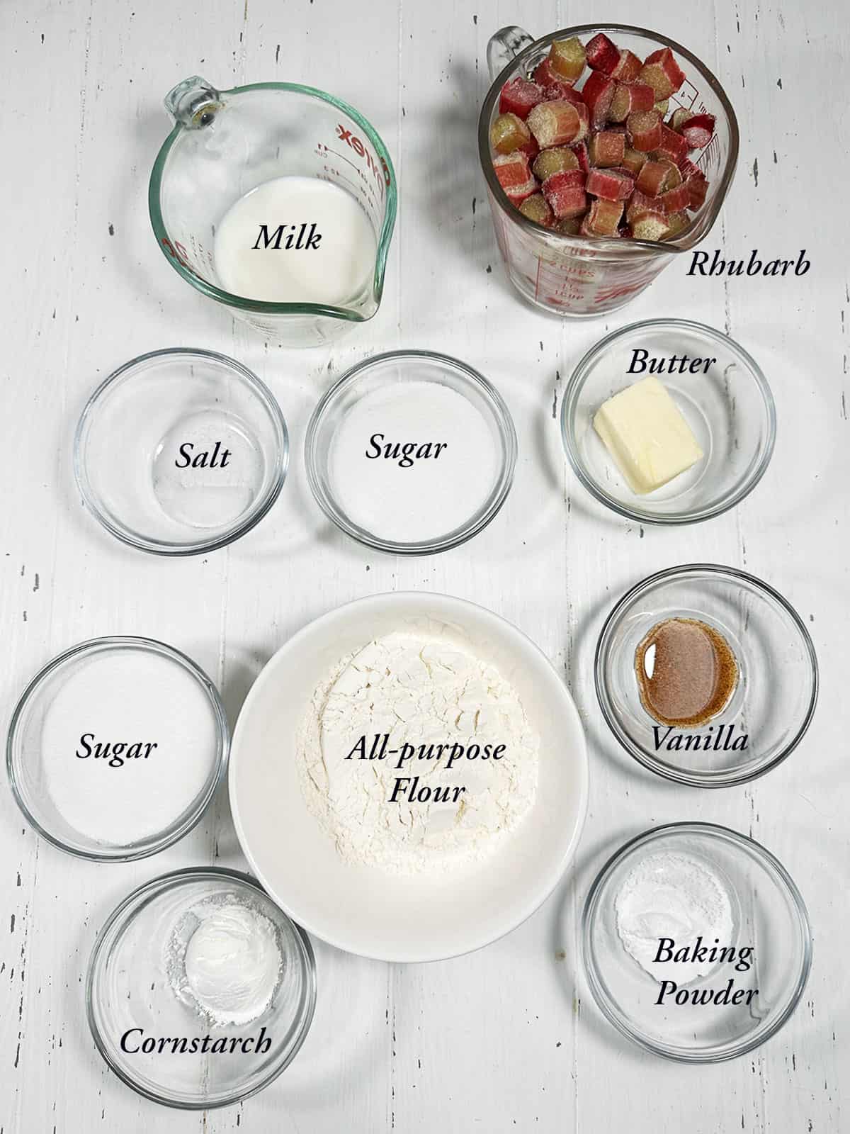 Ingredients for making rhubarb pudding cake.