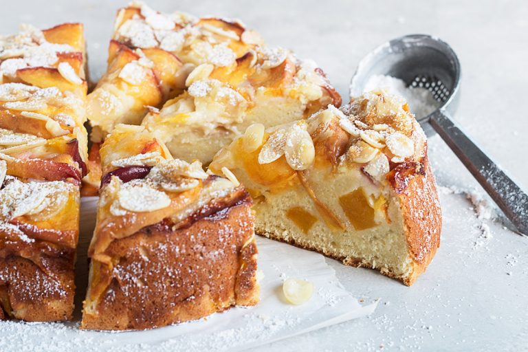 peach ricotta cake, sliced