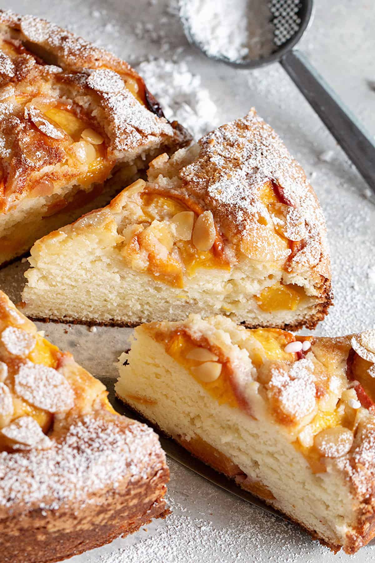 peach ricotta cake sliced