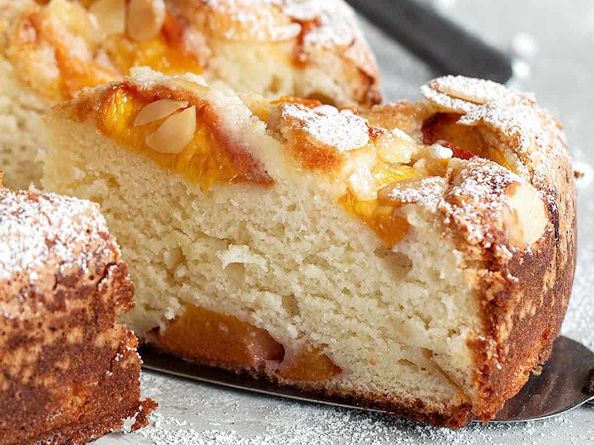 peach ricotta cake sliced