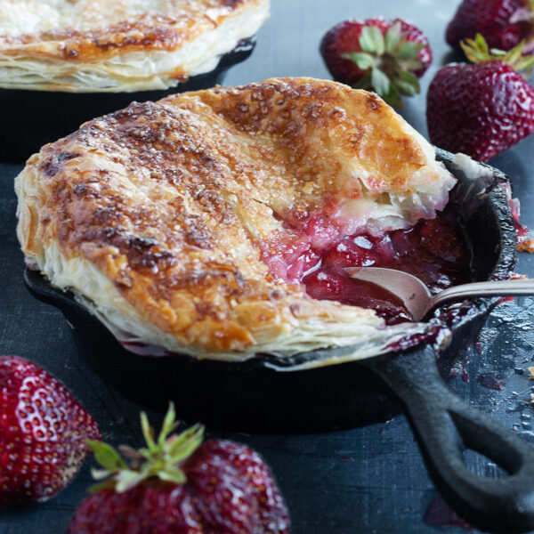strawberry puff pastry pie in mini skillets