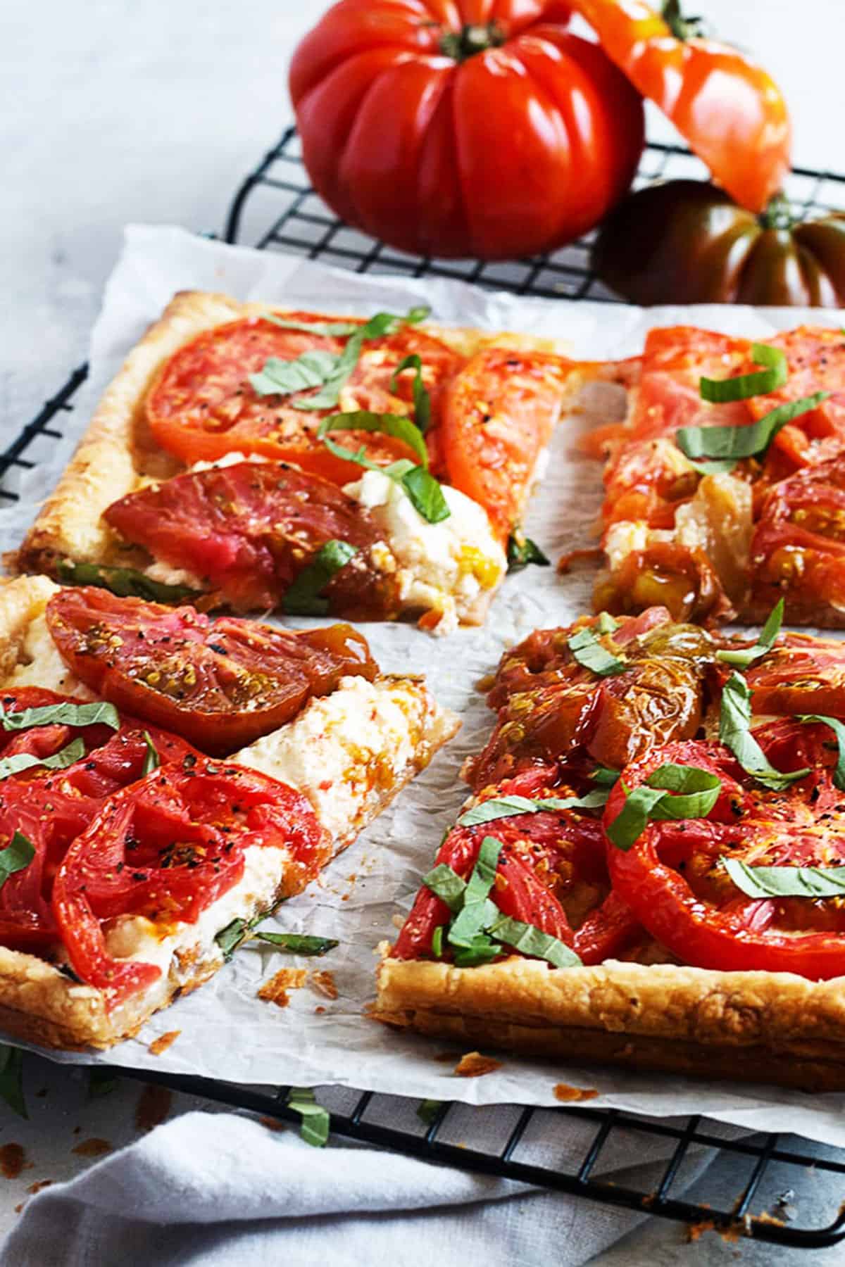 tomato ricotta tart on cooling rack