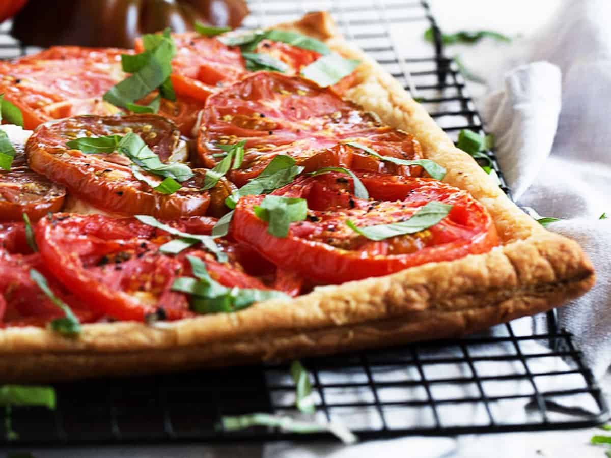 tomato ricotta tart on cooling rack