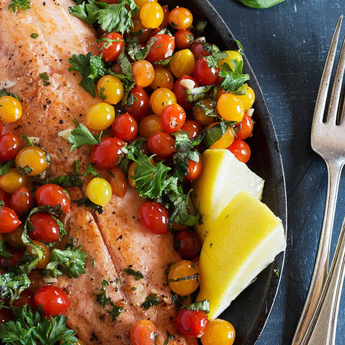 15-Minute Rainbow Trout with Mini Cherry Tomatoes - Seasons and