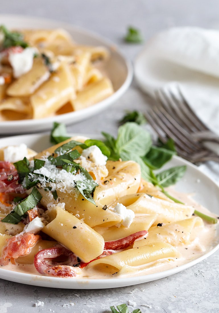 Creamy pasta with roasted red peppers, cherry tomatoes, goat cheese, Parmesan and fresh basil.