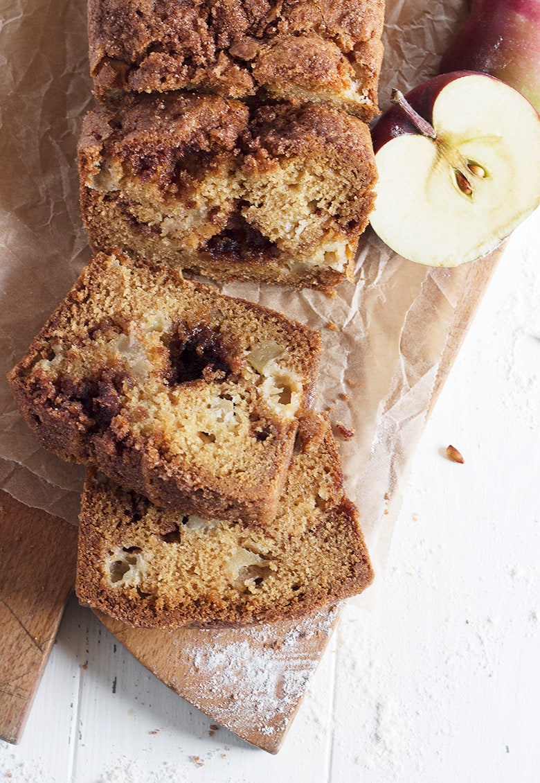 cinnamon apple bread sliced on cutting board