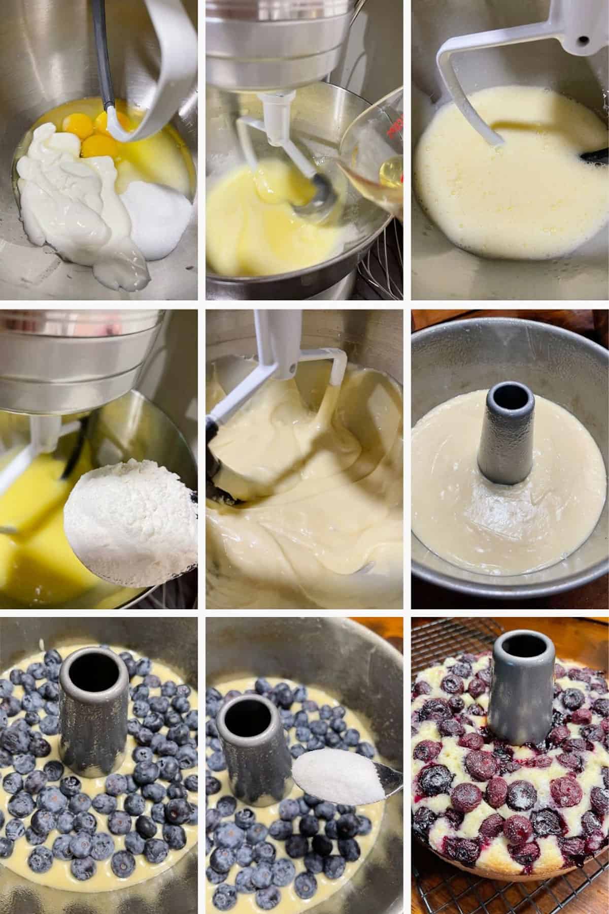 photo collage of steps to make blueberry sour cream cake