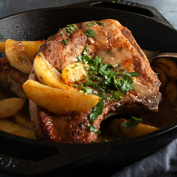 pork chops with apples in cast iron skillet