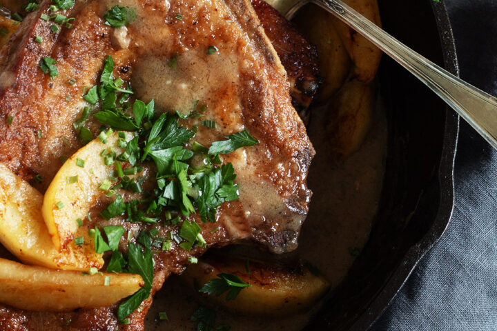 Pork chops with apple pan sauce.