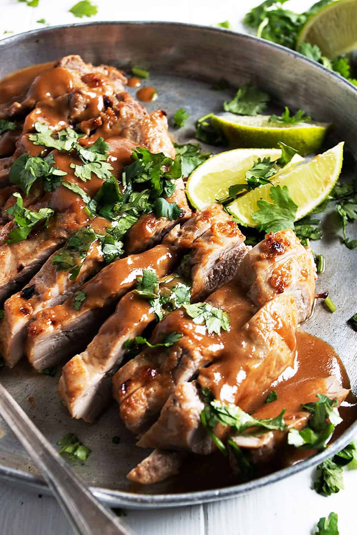 pork tenderloin sliced with peanut sauce