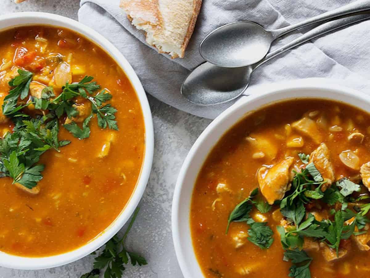 pumpkin chicken chowder in white bowls