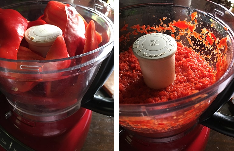 red peppers in food processor then pureed