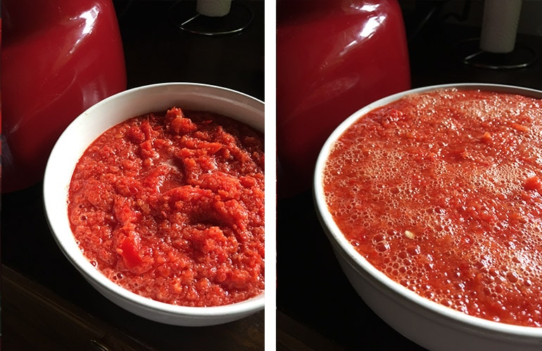 pureed red peppers then covered with boiling water