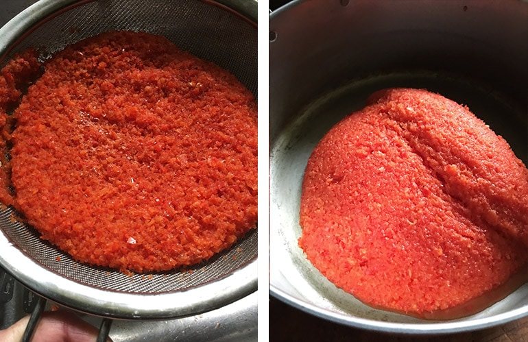 drained red pepper puree then placed into pan