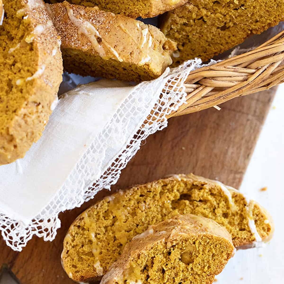 pumpkin spice biscotti in basket