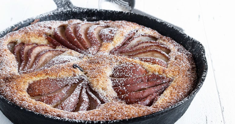 pear cake in cast iron skillet