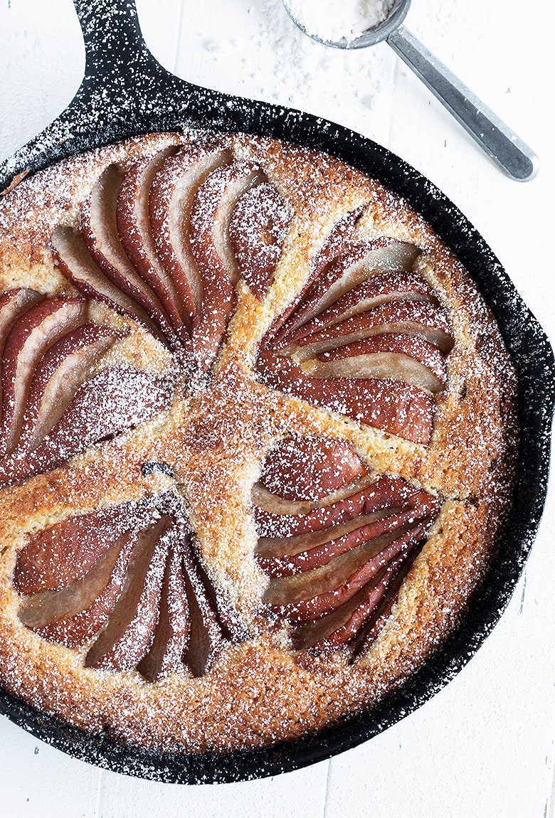 pear and cinnamon cake in cast iron skillet