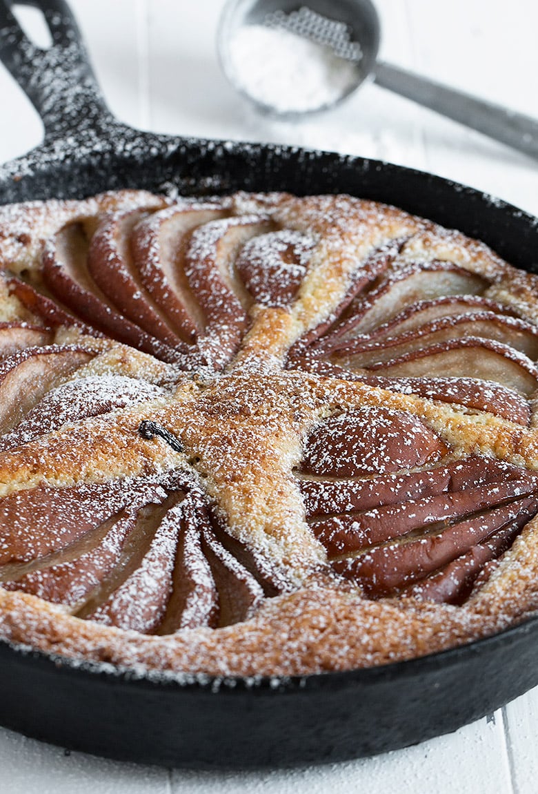 pear and cinnamon cake in cast iron skillet