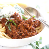 Italian meat sauce in bowl with pasta