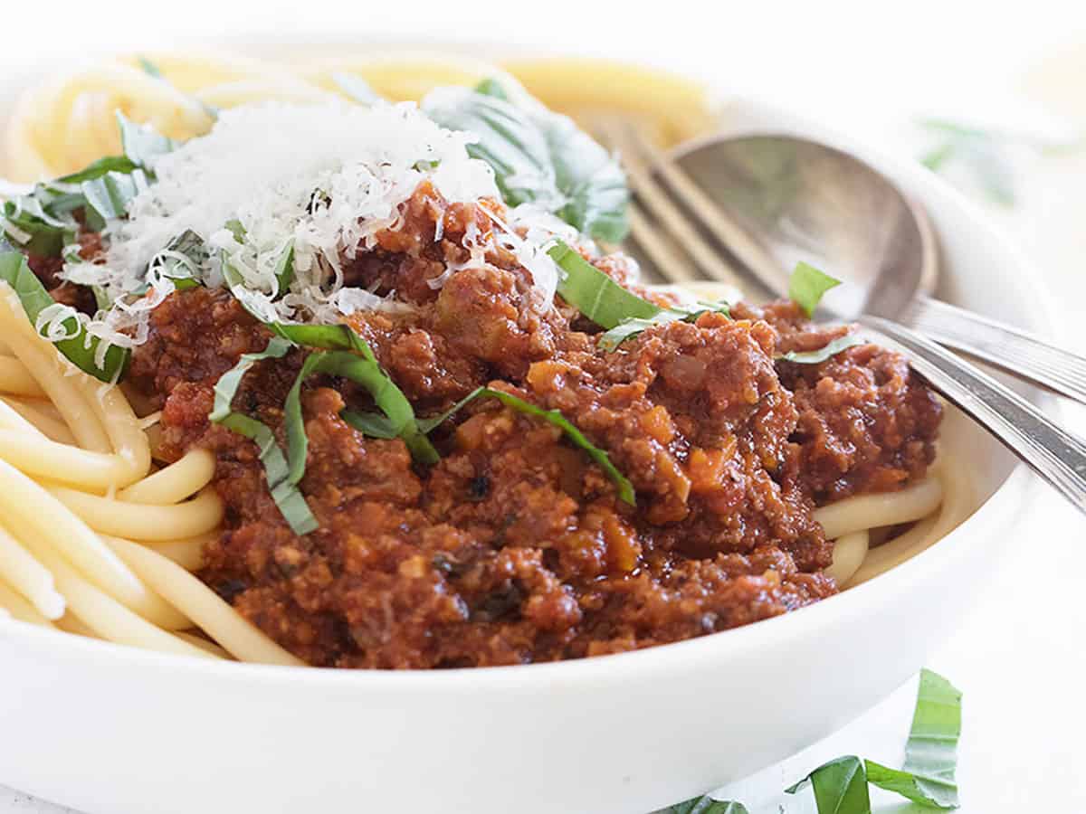 Italian meat sauce in bowl with pasta