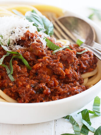 classic Italian meat sauce with spaghetti in bowl