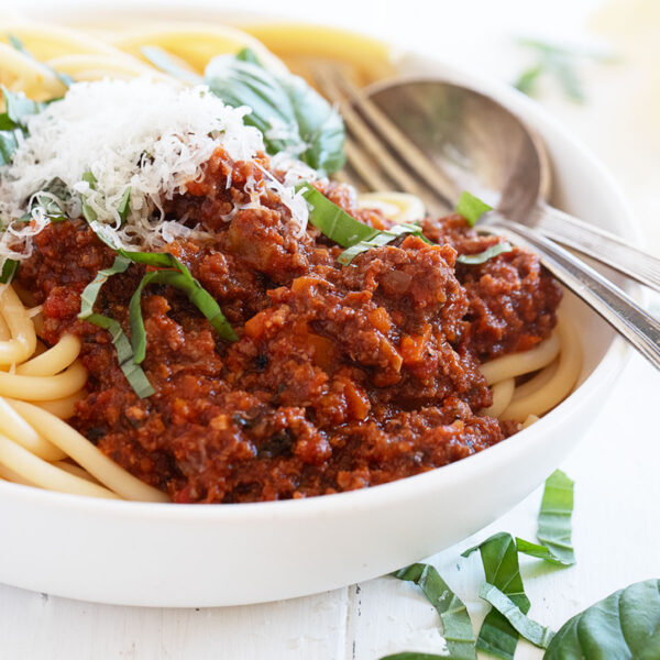 classic Italian meat sauce with spaghetti in bowl