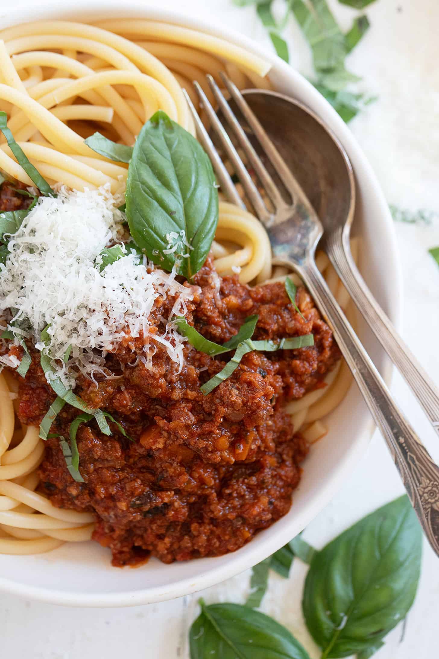 classic Italian meat sauce with spaghetti in bowl