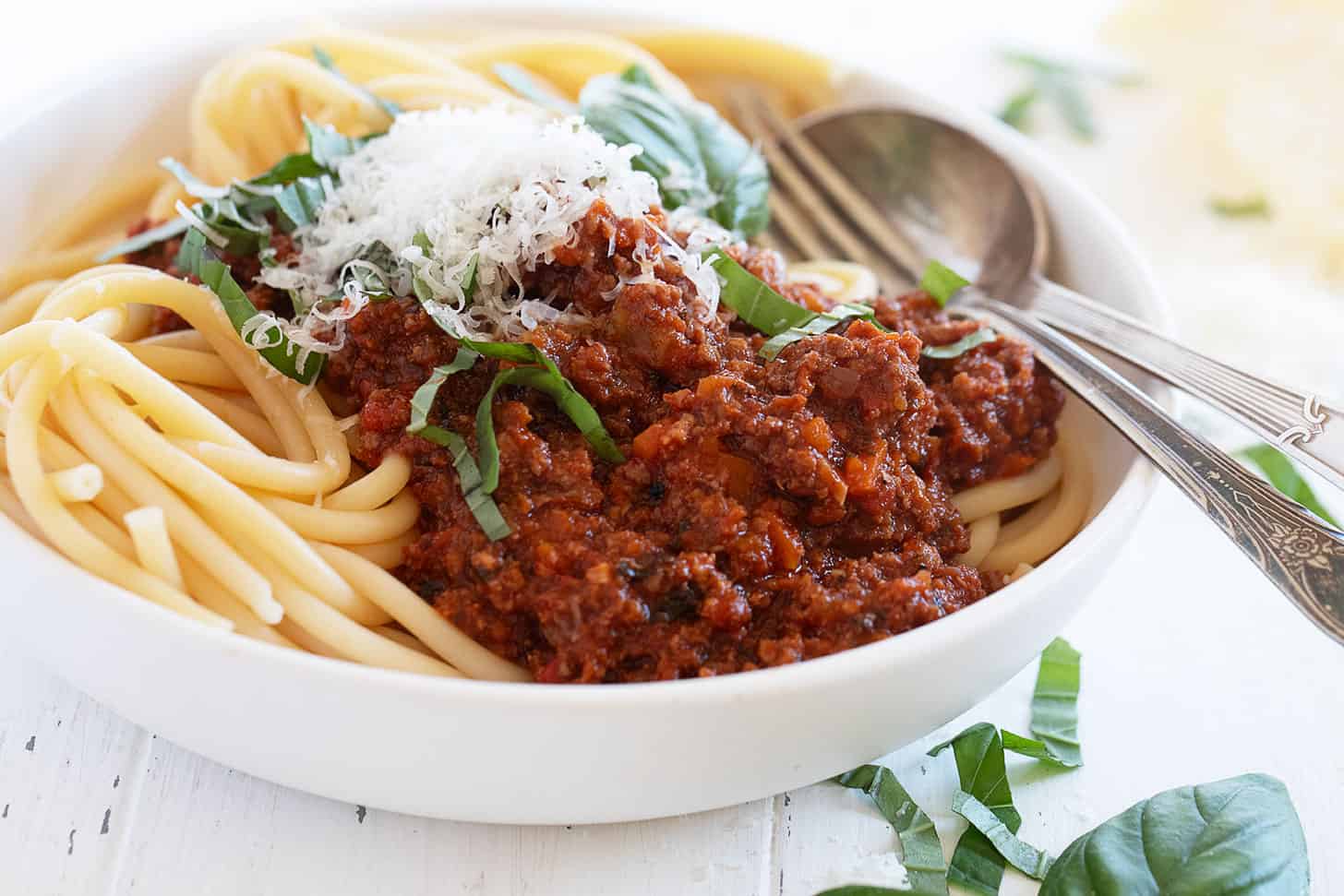 classic Italian meat sauce with spaghetti in bowl