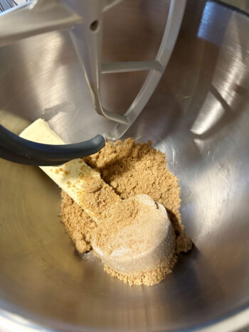 butter and brown sugar in mixer
