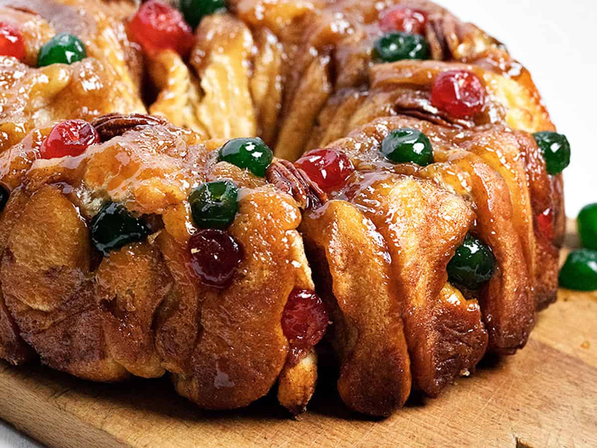 festive pull apart bread wreath with red and green cherries
