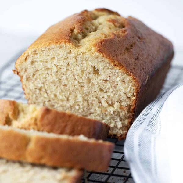 2-banana banana bread sliced on cooling rack