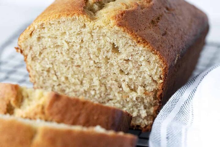 2-banana banana bread sliced on cooling rack