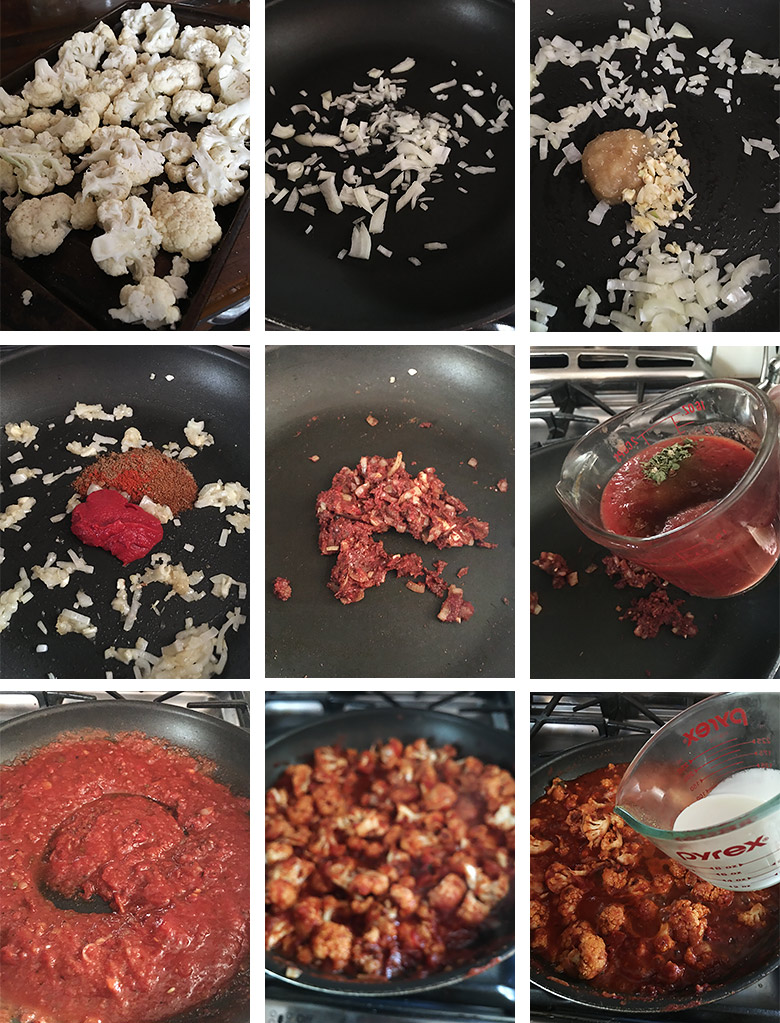photo collage of steps to make cauliflower curry