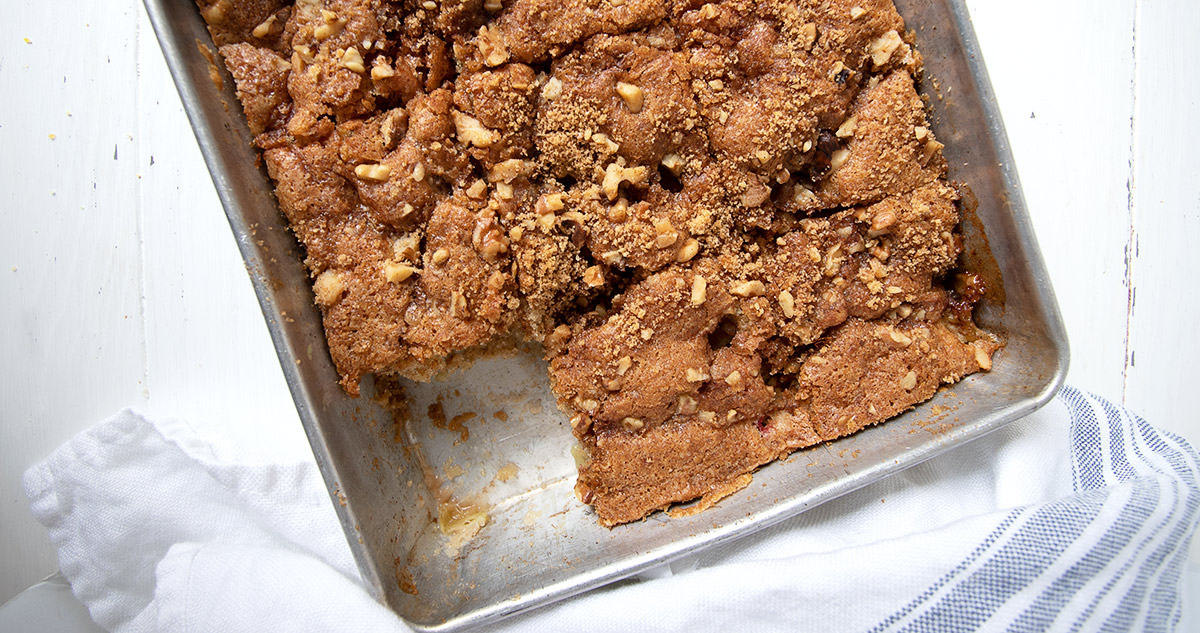 old fashioned rhubarb cake in pan